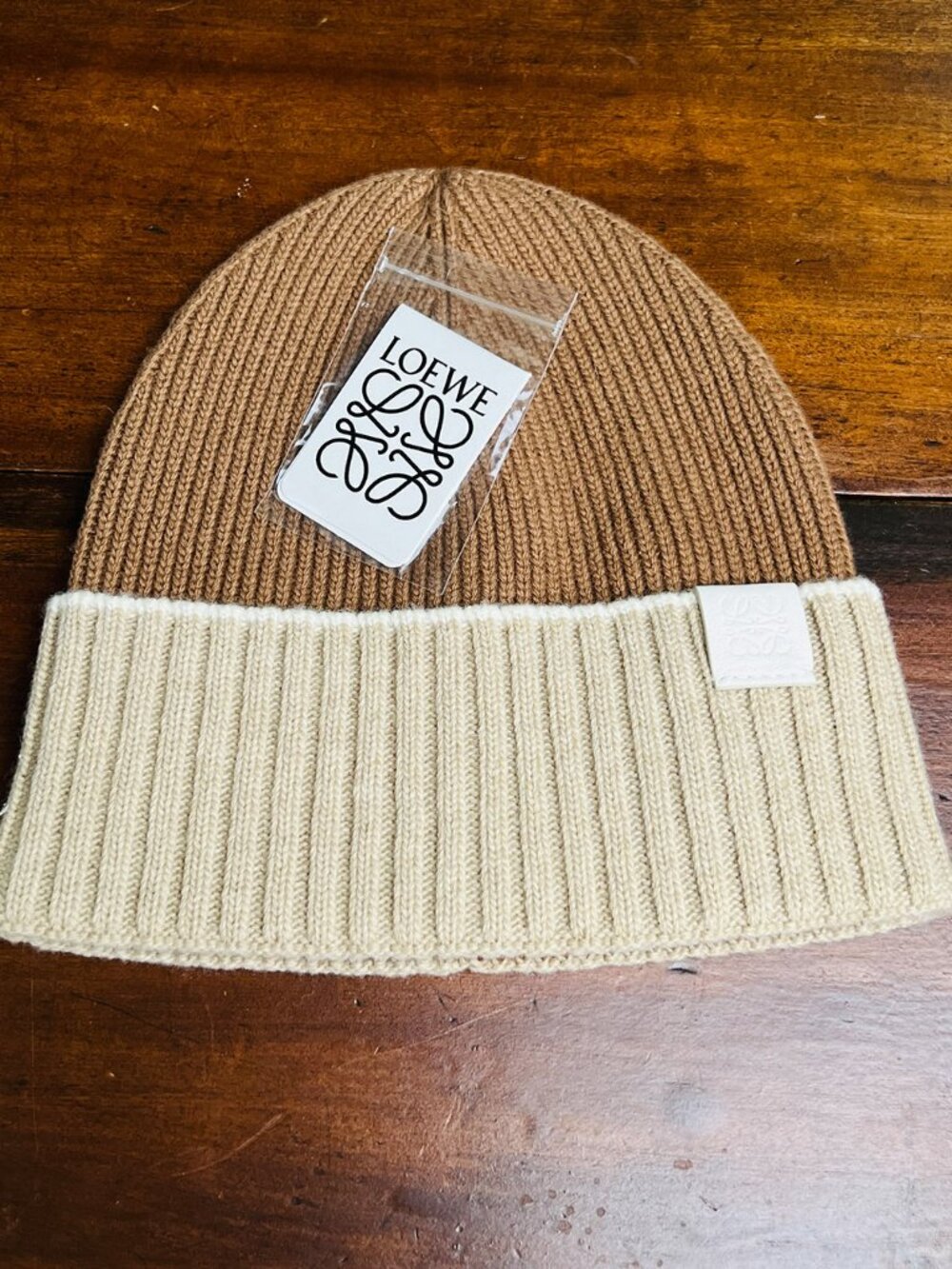 LOEWE Two-Tone Ribbed Wool Beanie Hat Brown Cream Anagram Logo Made in Italy
